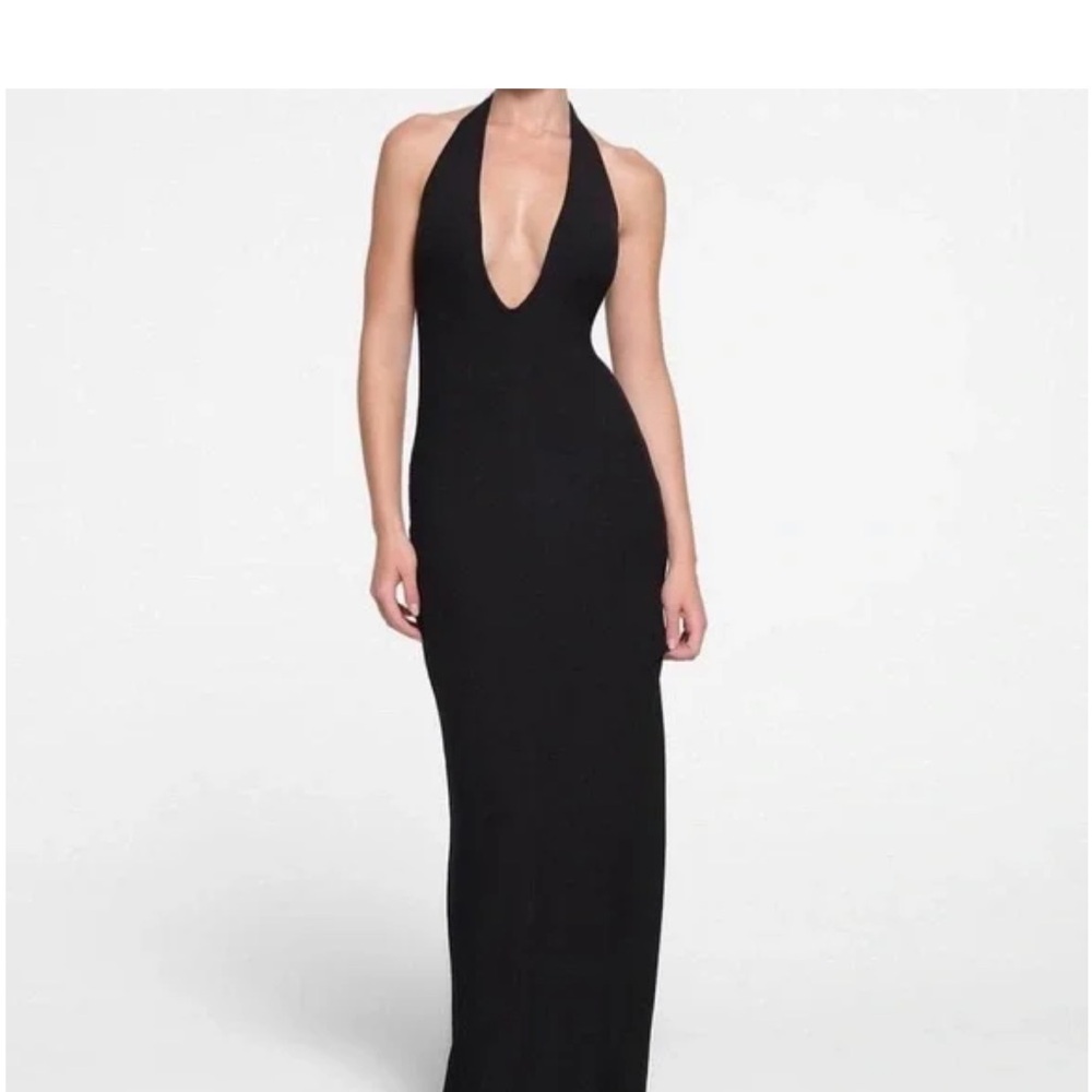 NWT SKIMS Soft Lounge Deep Plunge Halter Long Dress | Color: Onyx | Size: M
